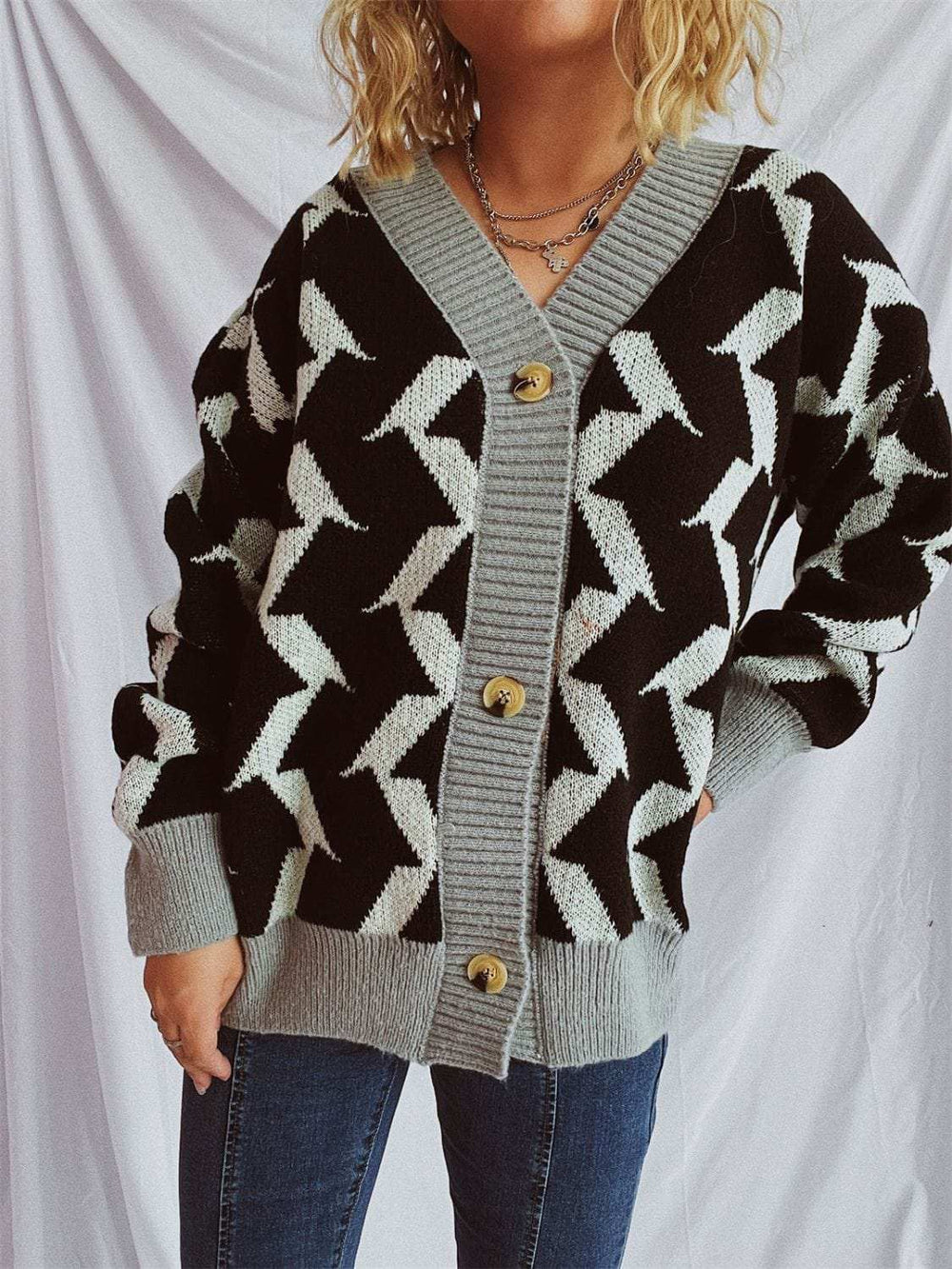 Contrast Trim Geometric V-Neck Long Sleeve Cardigan - Trendsi - Flyclothing LLC
