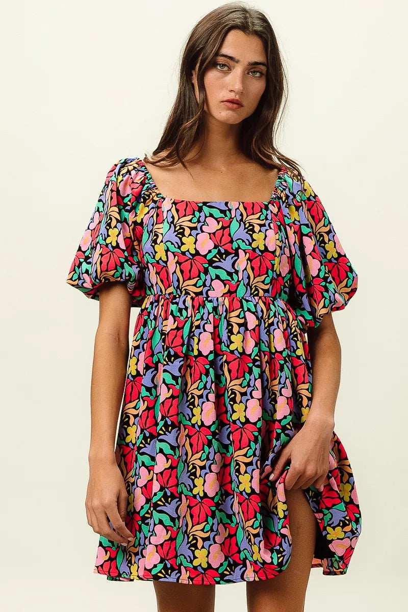 BiBi Floral Print Puff Square Neck Dress - Trendsi - Flyclothing LLC
