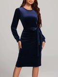 Round Neck Tie Waist Long Sleeve Velvet Dress - Trendsi - Flyclothing LLC