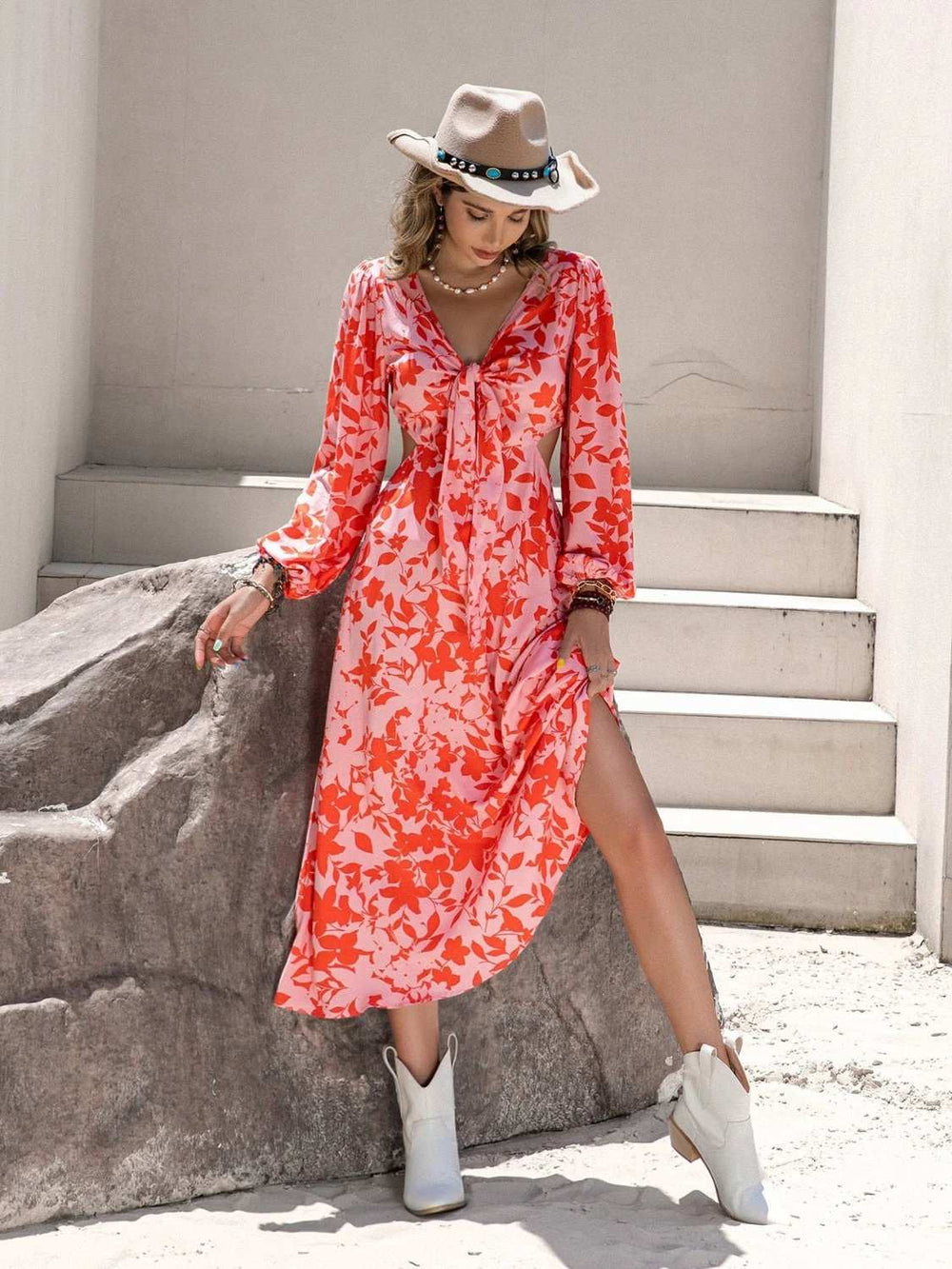 Tied Cutout Printed Long Sleeve Midi Dress - Trendsi - Flyclothing LLC