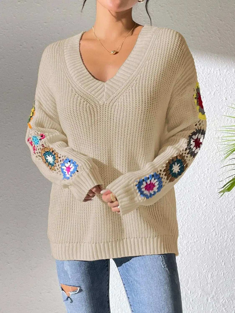 Crochet Flower V-Neck Sweater - Trendsi - Flyclothing LLC