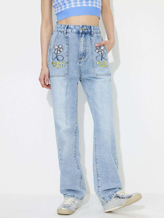 Flower High Rise Straight Leg Jeans with Pockets - Trendsi - Flyclothing LLC