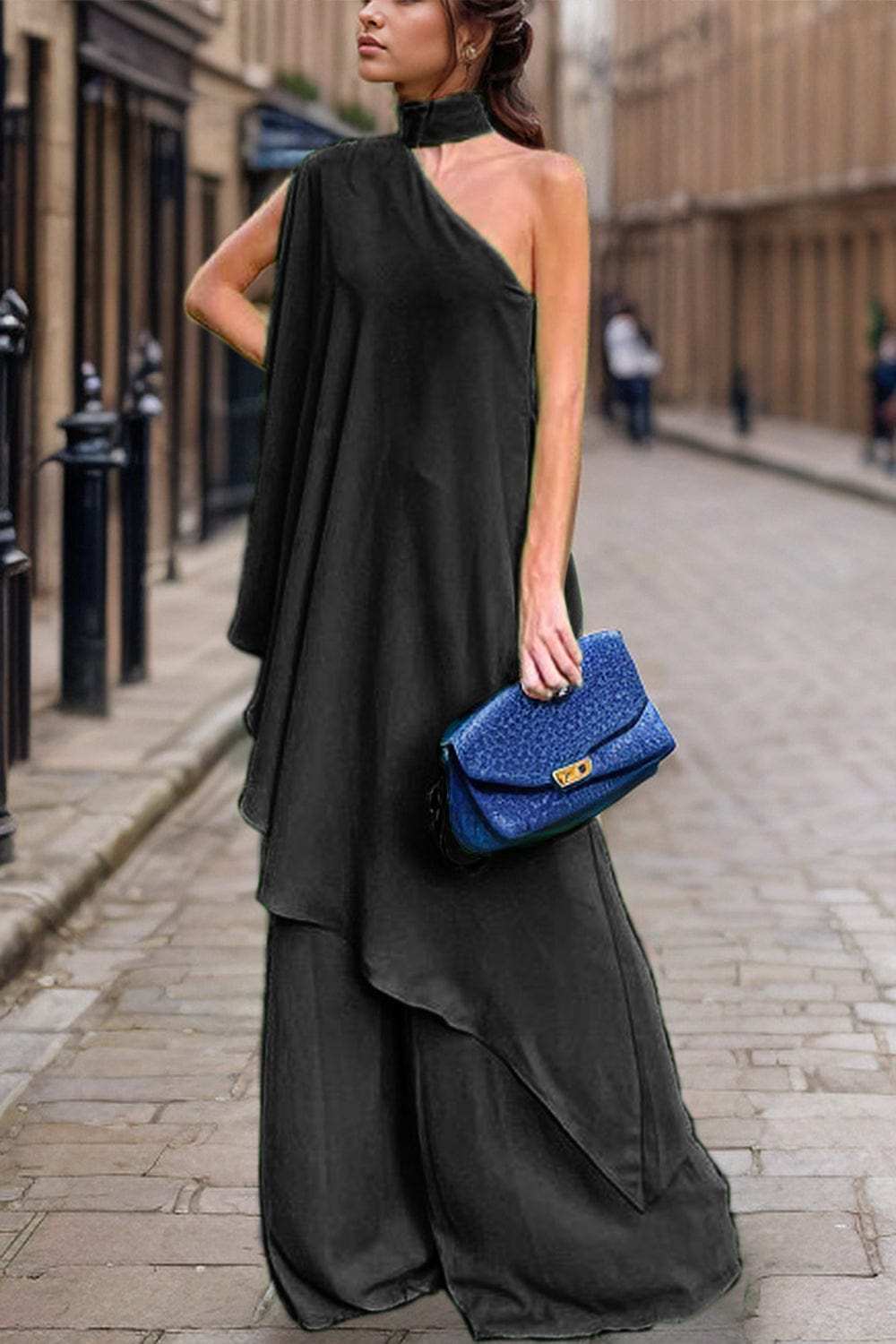 Mock Neck Single Shoulder Top and Pants Set - Trendsi - Flyclothing LLC