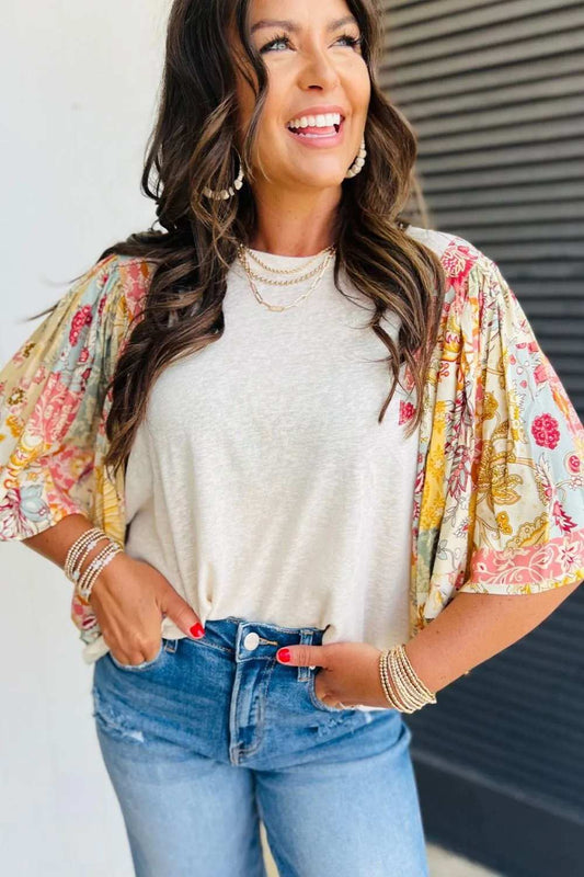Printed Round Neck Flutter Sleeve Blouse - Trendsi - Flyclothing LLC