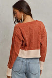 SO ME Chenille Cable Knit V Neck Contrast Cropped Sweater - Trendsi - Flyclothing LLC