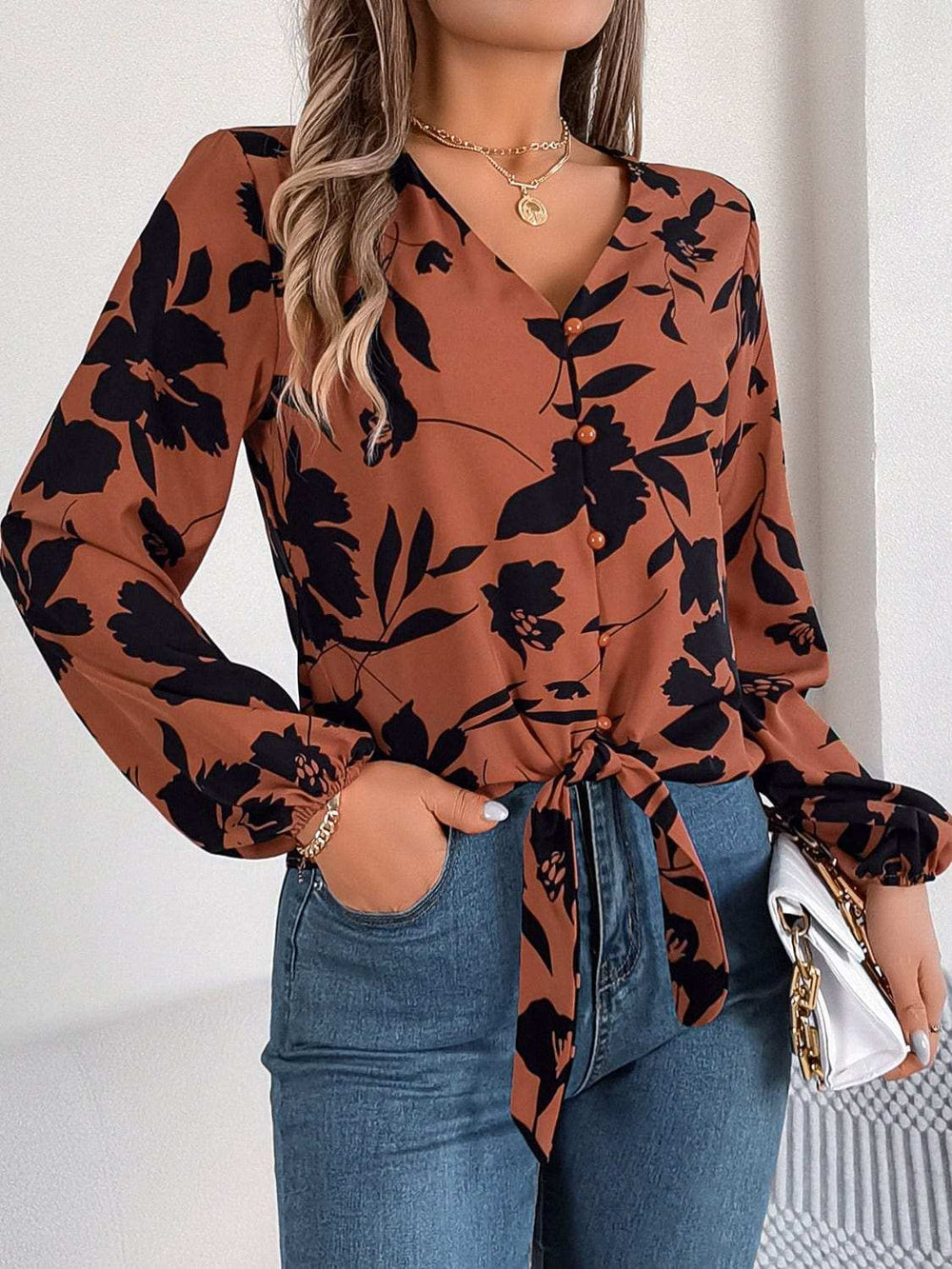 Printed V-Neck Long Sleeve Blouse - Trendsi - Flyclothing LLC