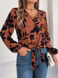 Printed V-Neck Long Sleeve Blouse - Trendsi - Flyclothing LLC