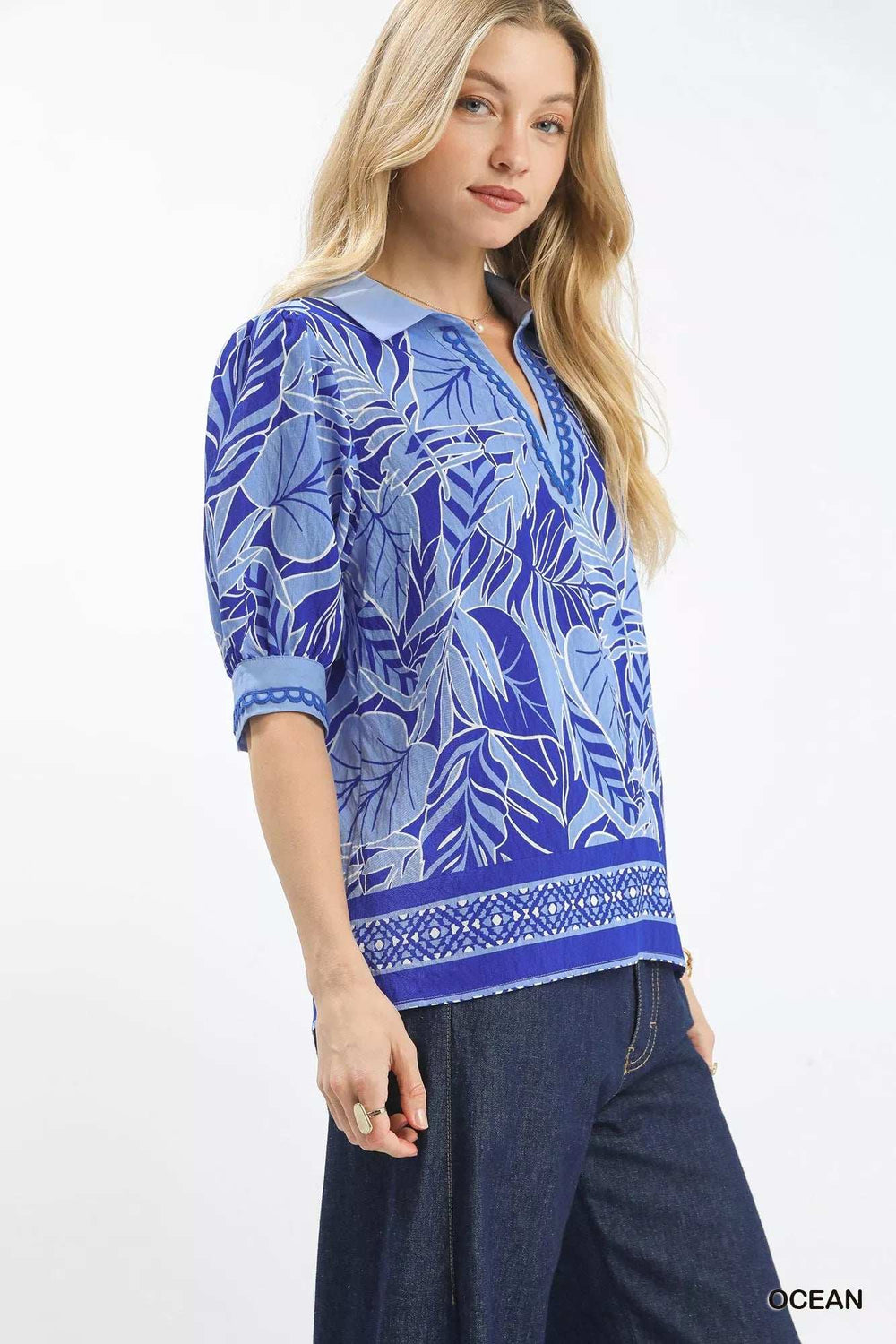 Umgee Tropical Print Puff Sleeve Blouse - Trendsi - Flyclothing LLC