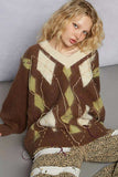 POL V-Neck Argyle Pattern Mohair Sweater with Contrast Exposed Stitch Detail - Trendsi - Flyclothing LLC