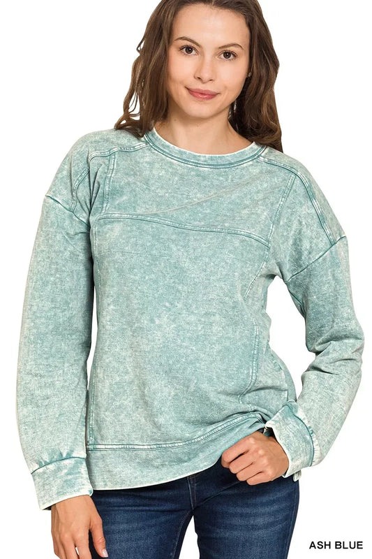 Zenana Acid Wash French Terry Exposed-Seam Pullover - Trendsi - Flyclothing LLC