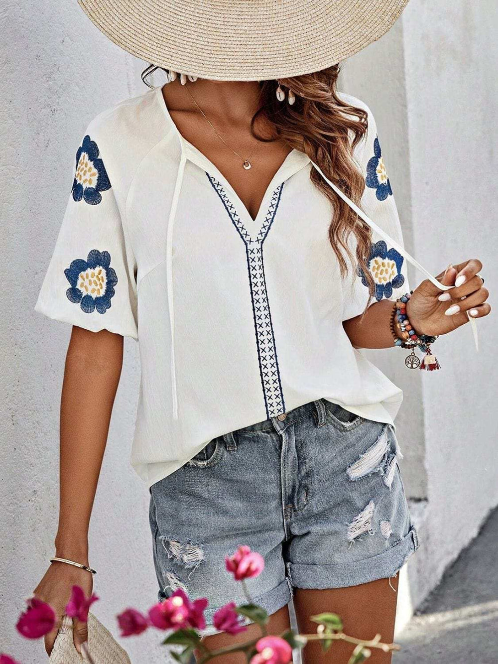 Embroidered Tie Neck Puff Sleeve Blouse - Trendsi - Flyclothing LLC