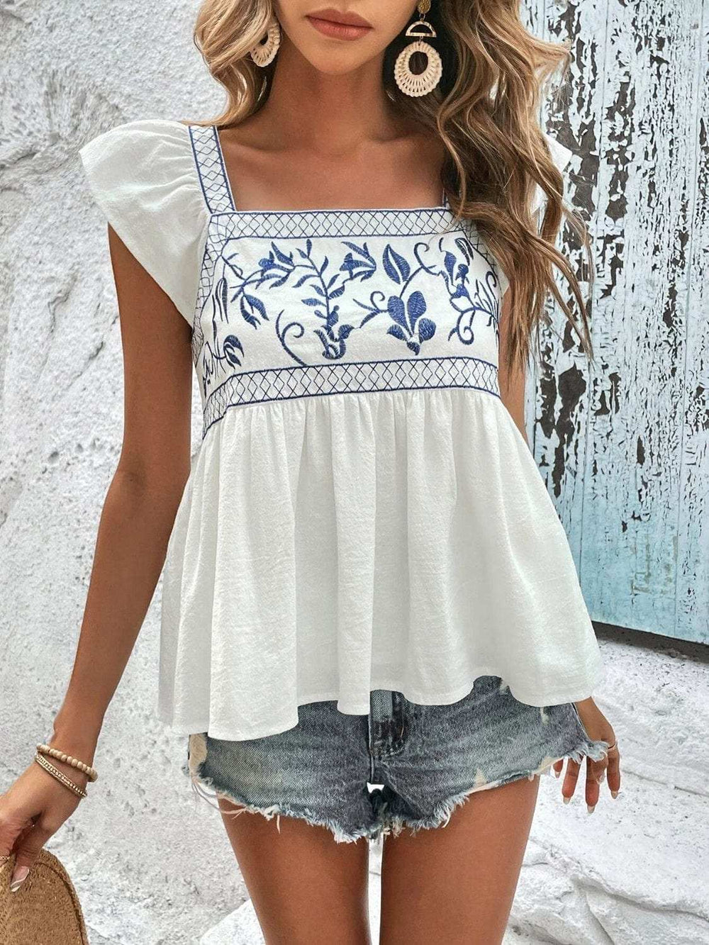 Embroidered Square Neck Cap Sleeve Blouse - Trendsi - Flyclothing LLC