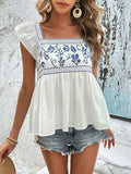Embroidered Square Neck Cap Sleeve Blouse - Trendsi - Flyclothing LLC