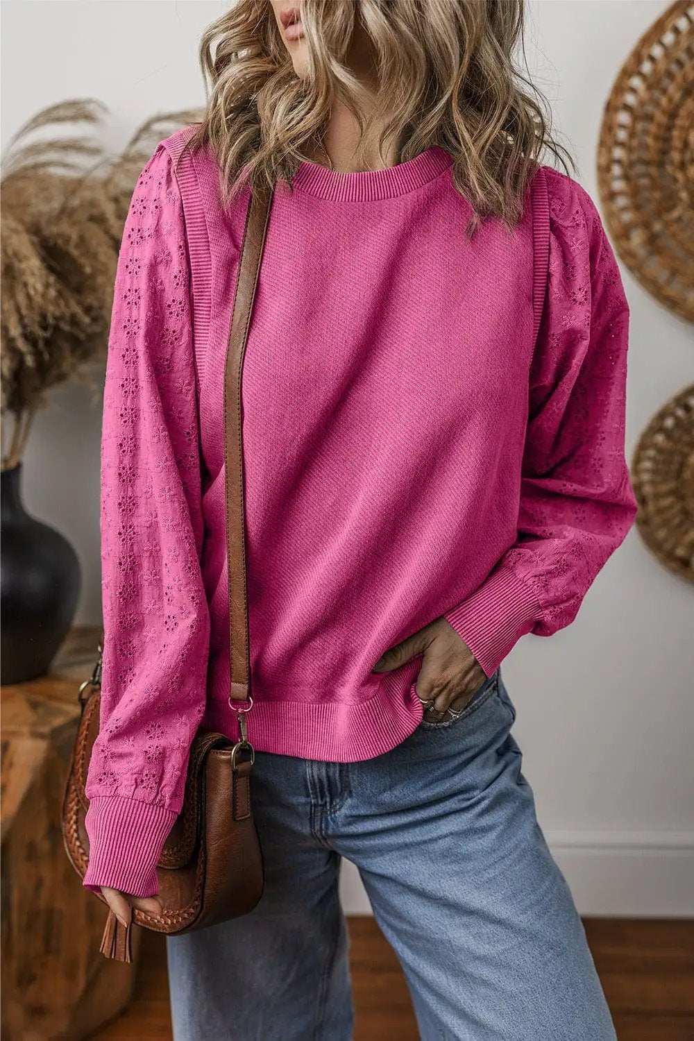 Eyelet Round Neck Long Sleeve Sweatshirt - Trendsi - Flyclothing LLC
