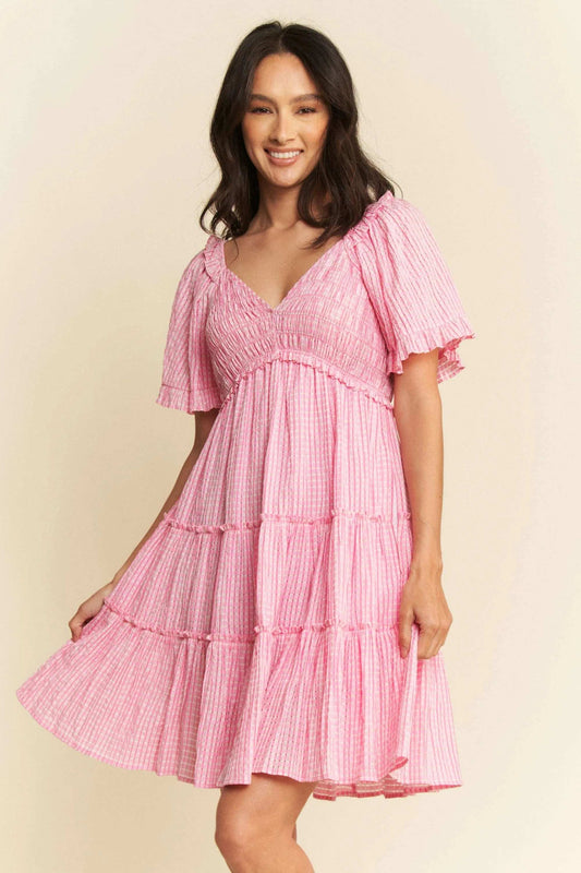 Davi & Dani Jacquard Checker Smocking Tiered Dress - Trendsi - Flyclothing LLC