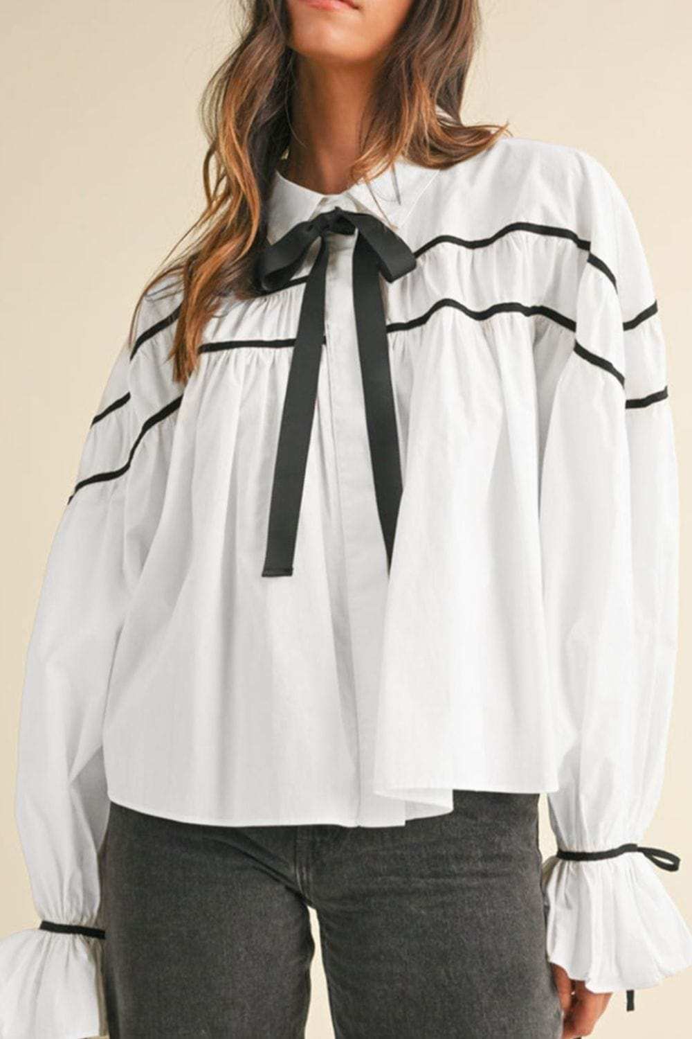 Ribbon Bowtie Collared Neck Flounce Sleeve Shirt - Trendsi - Flyclothing LLC
