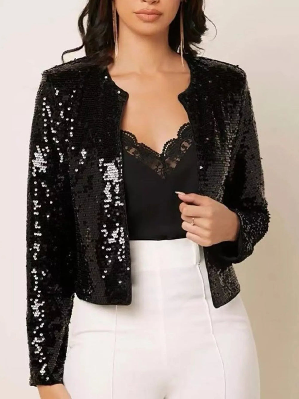 Full Size Sequin Long Sleeve Jacket Plus Size - Trendsi - Flyclothing LLC