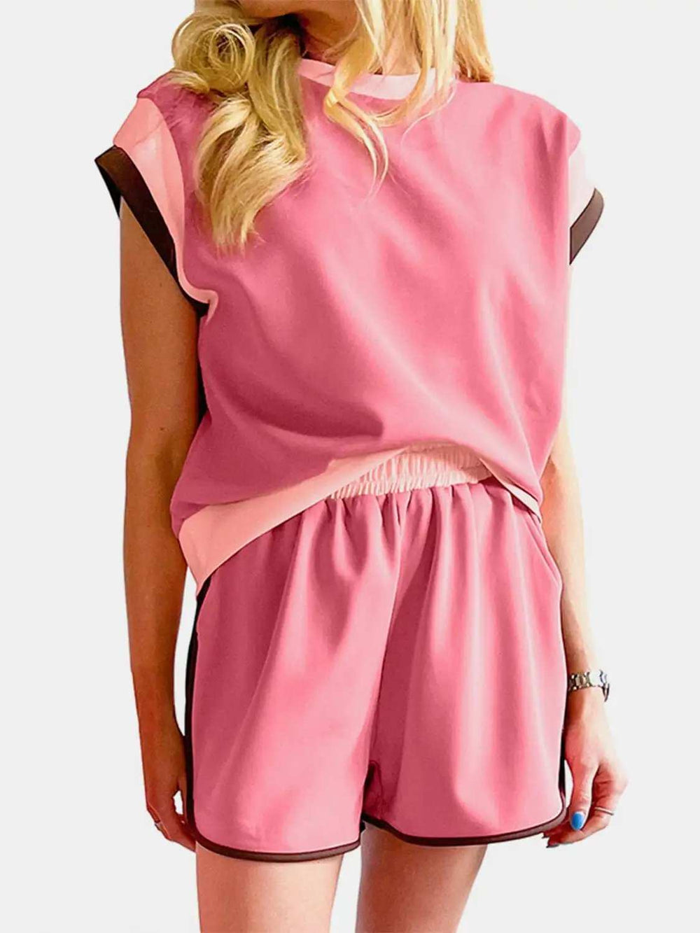 Contrast Round Neck Top and Shorts Set - Trendsi - Flyclothing LLC