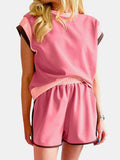 Contrast Round Neck Top and Shorts Set - Trendsi - Flyclothing LLC