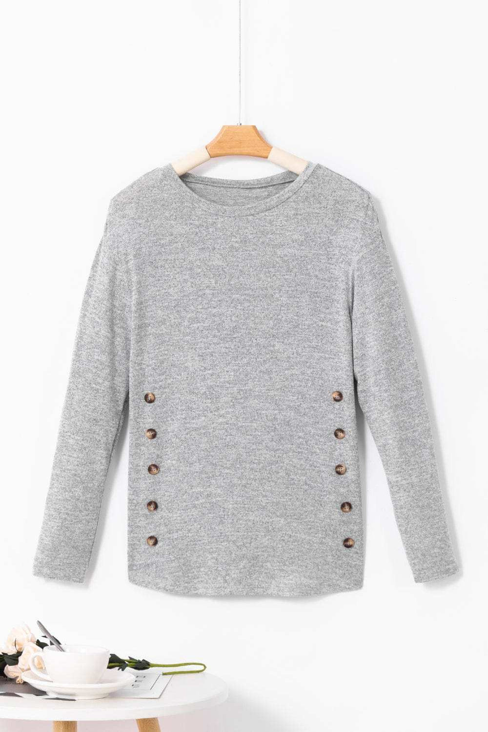 Decorative Button Round Neck Long Sleeve Top - Trendsi - Flyclothing LLC