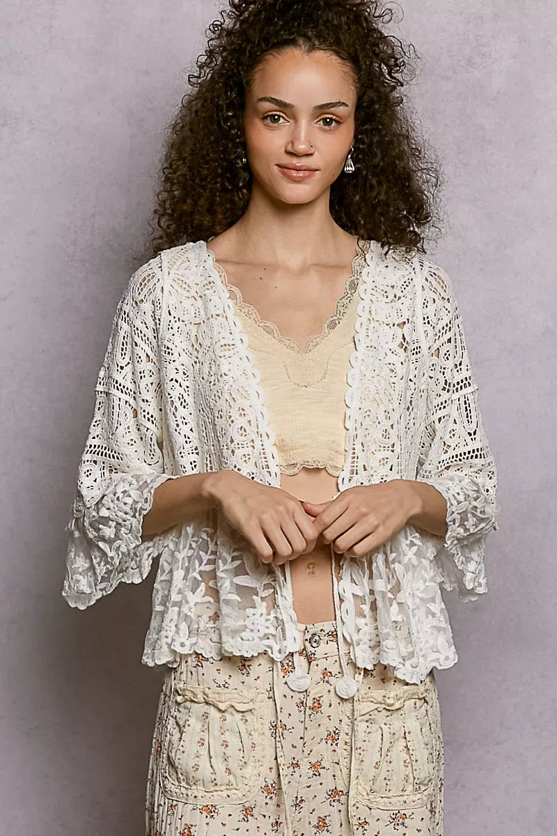 POL Floral Lace Short Sleeve Crochet Cardigan with Tassel Tie - Trendsi - Flyclothing LLC