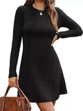 Ribbed Knit Long Sleeve A-Line Dress - Trendsi - Flyclothing LLC