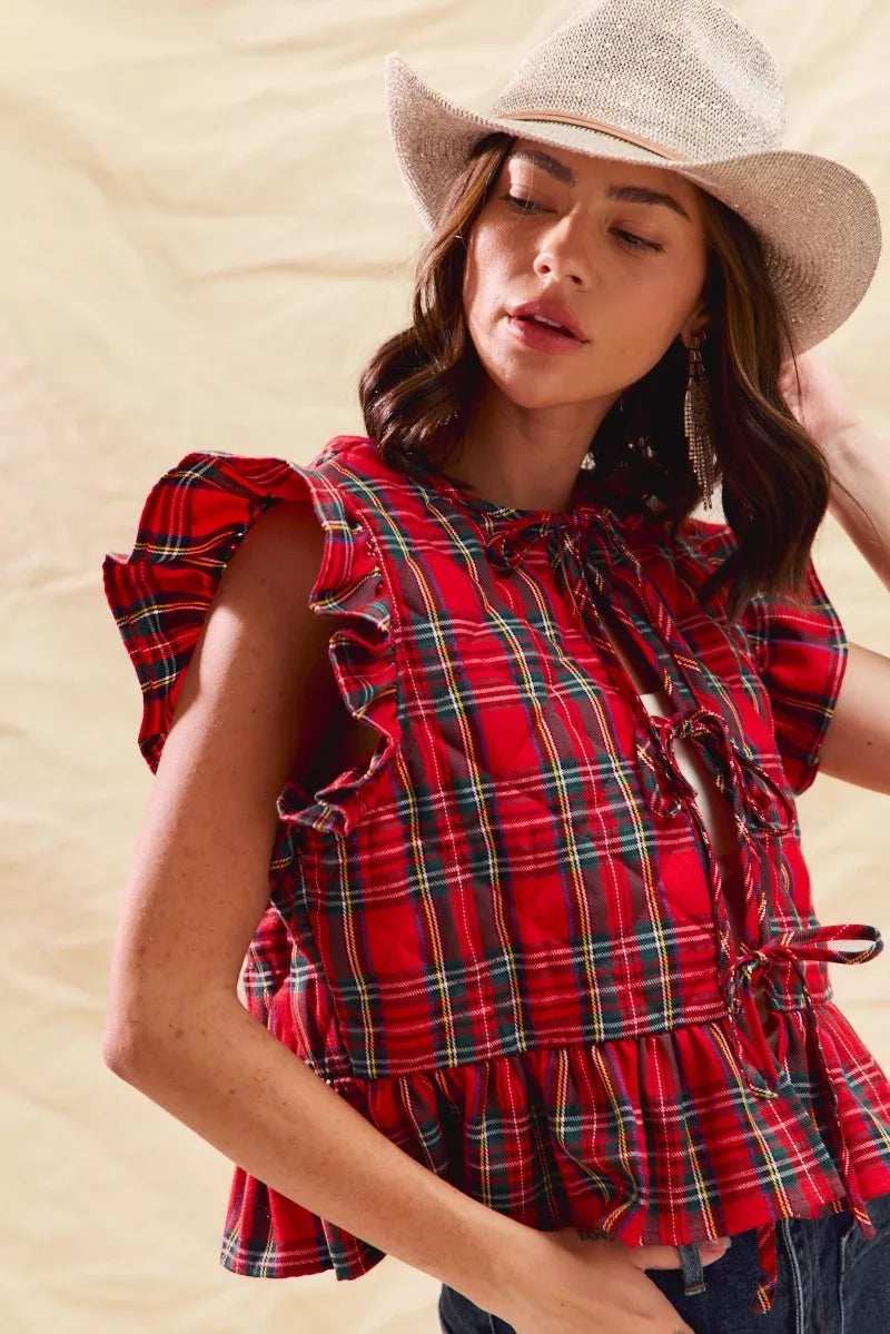 SO ME Christmas Holiday Plaid Ruffled Quilt Vest Top - Trendsi - Flyclothing LLC