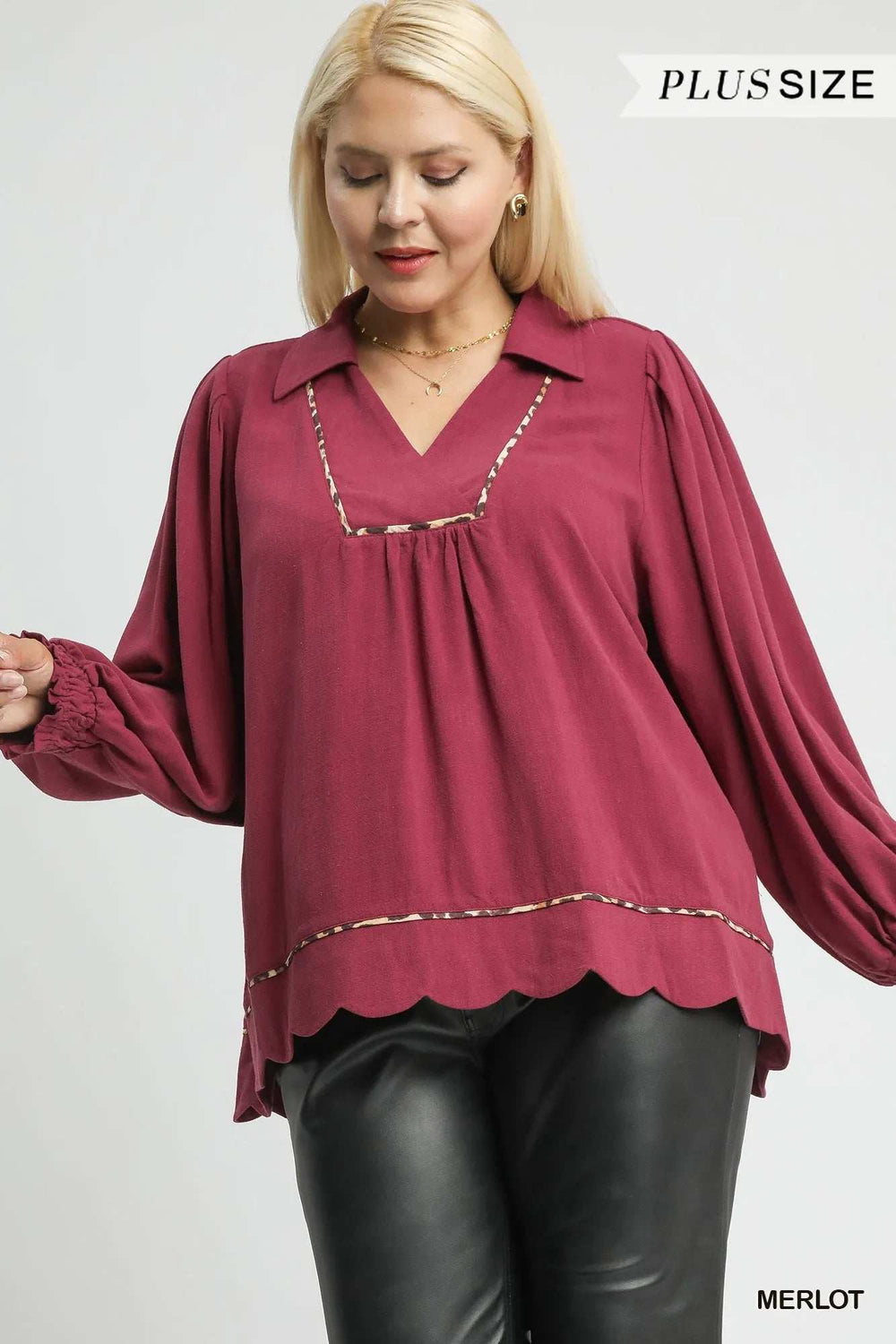 Umgee Full Size Linen Scallop Hem Blouse with Contrast Trim Plus Size - Trendsi - Flyclothing LLC