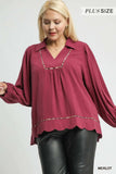 Umgee Full Size Linen Scallop Hem Blouse with Contrast Trim Plus Size - Trendsi - Flyclothing LLC