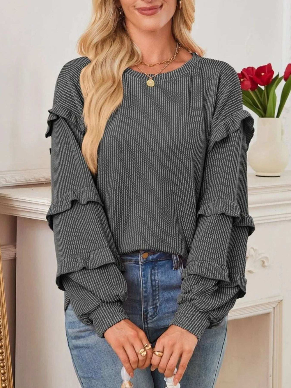 Ruffled Round Neck Long Sleeve Sweatshirt - Trendsi - Flyclothing LLC