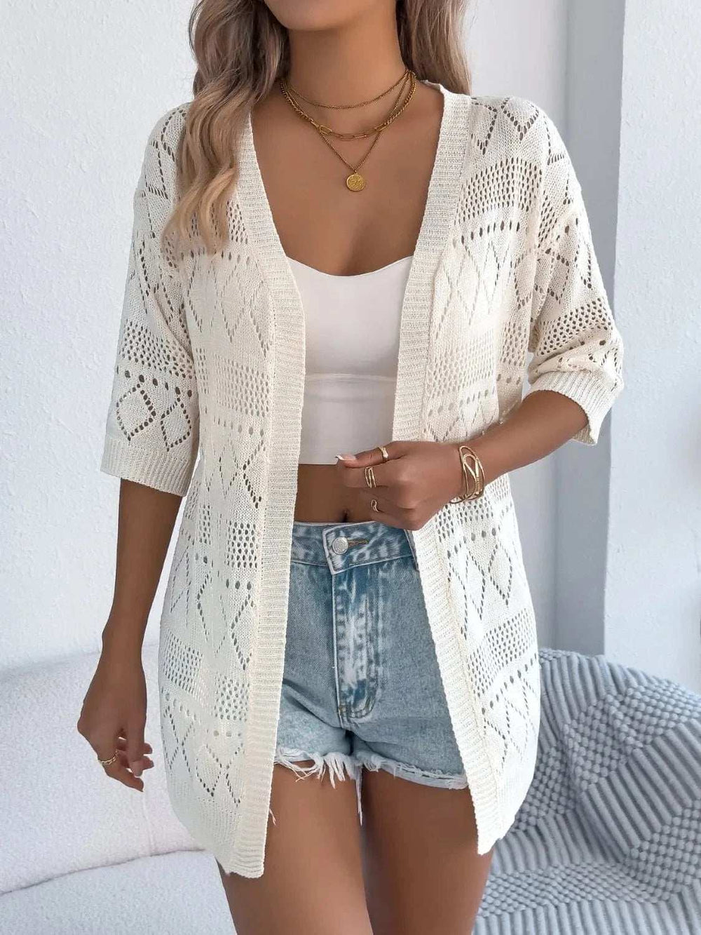 Openwork Open Front Half Sleeve Cardigan - Trendsi - Flyclothing LLC