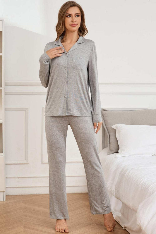 Button Up Long Sleeve Top and Pants Lounge Set - Trendsi - Flyclothing LLC