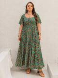 Plus Size Printed Short Sleeve Tiered Maxi Dress - Trendsi - Flyclothing LLC