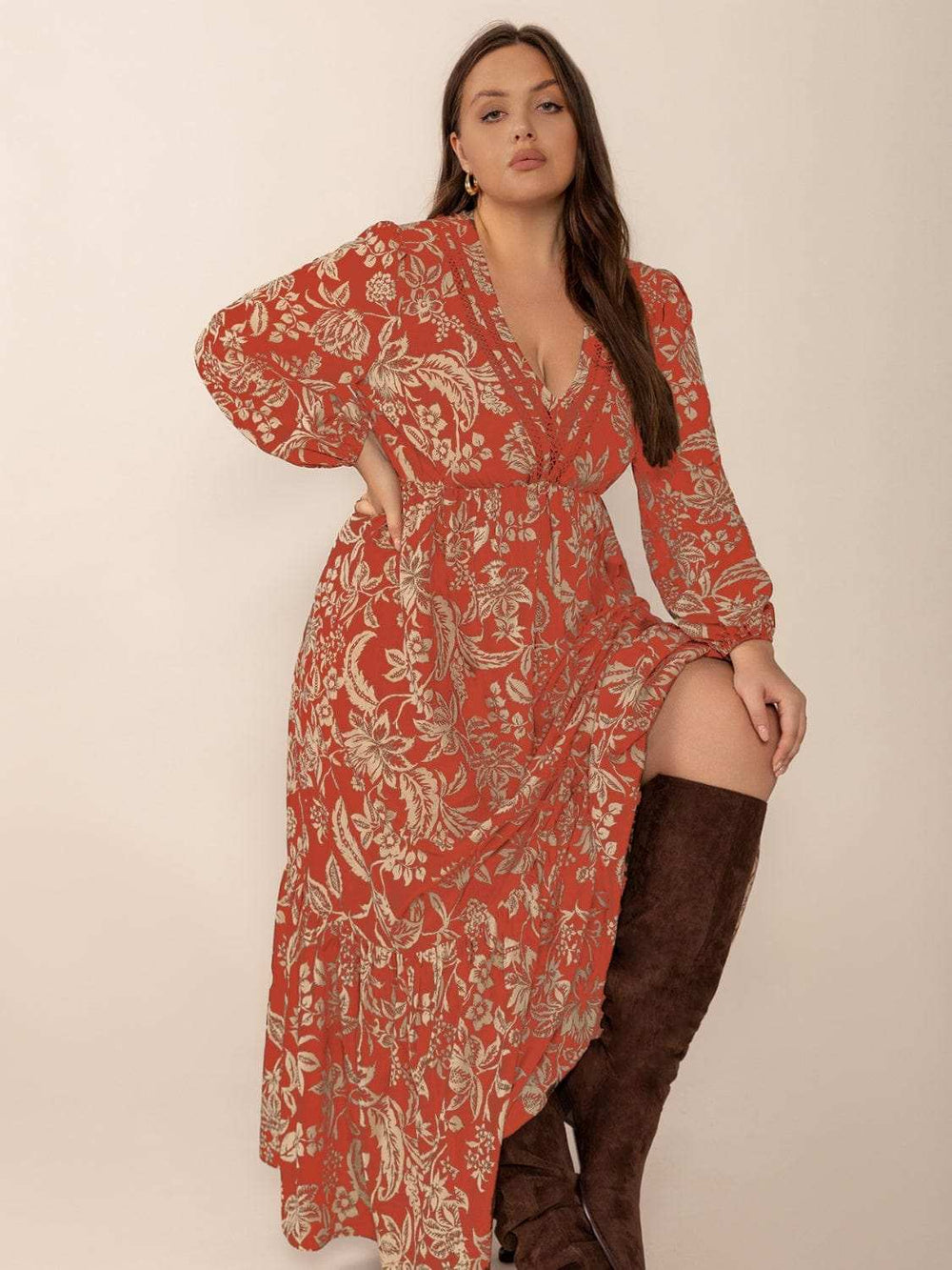 Plus Size Lace Detail Printed Balloon Sleeve Midi Dress - Trendsi - Flyclothing LLC