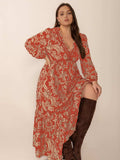 Plus Size Lace Detail Printed Balloon Sleeve Midi Dress - Trendsi - Flyclothing LLC