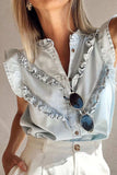 Frill Button Down Ruffled Cap Sleeve Denim Top - Trendsi - Flyclothing LLC