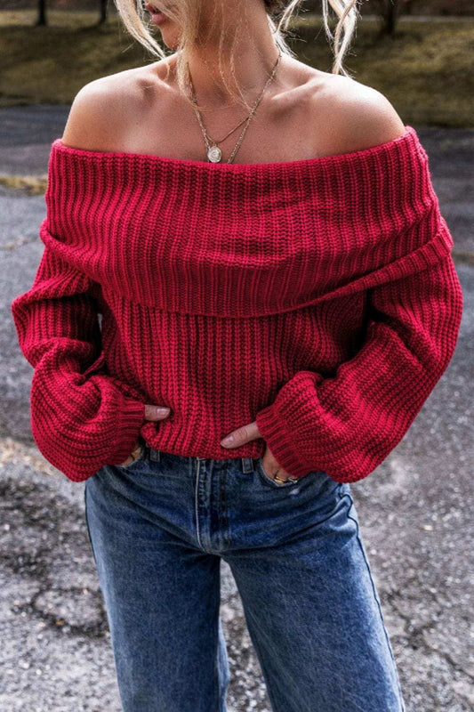 Off-Shoulder Long Sleeve Sweater - Trendsi - Flyclothing LLC