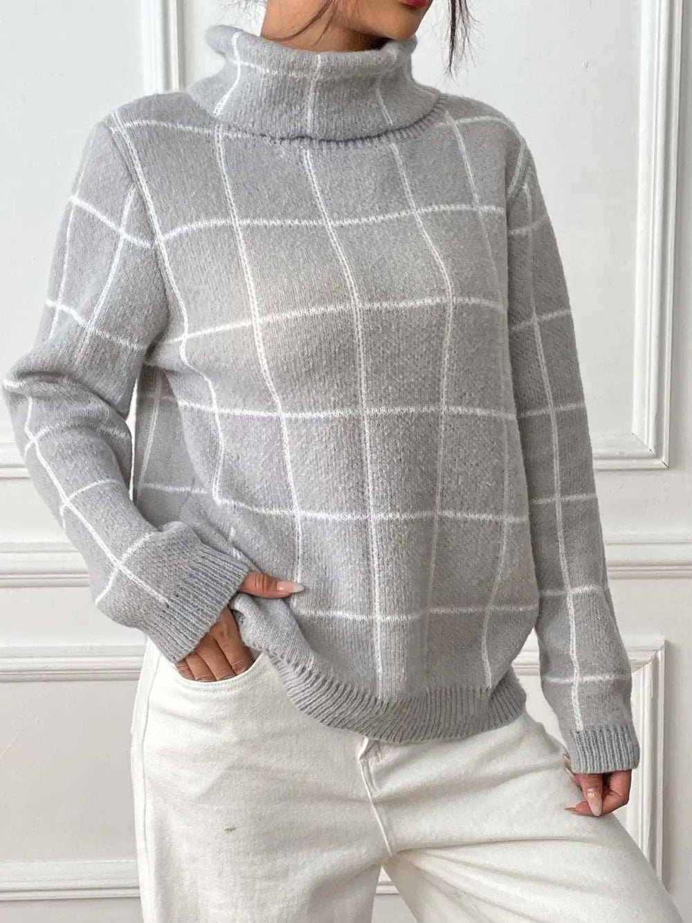 Plaid Turtleneck Long Sleeve Sweater - Trendsi - Flyclothing LLC