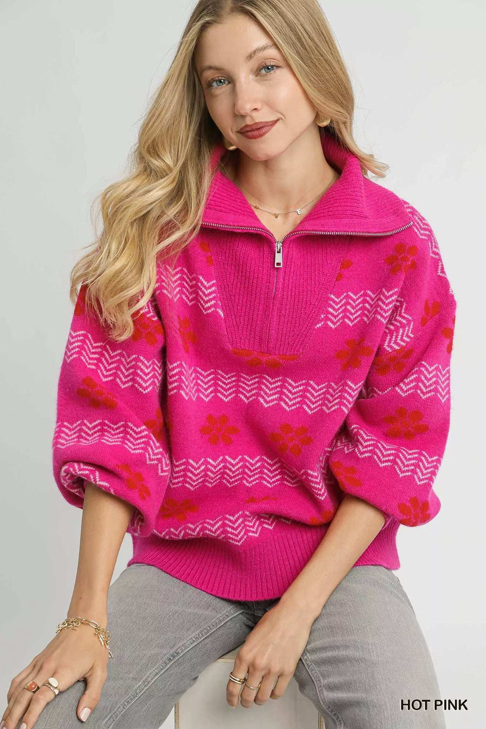 Umgee Floral Patterned Jacquard Quarter-Zip Pullover Sweater - Trendsi - Flyclothing LLC