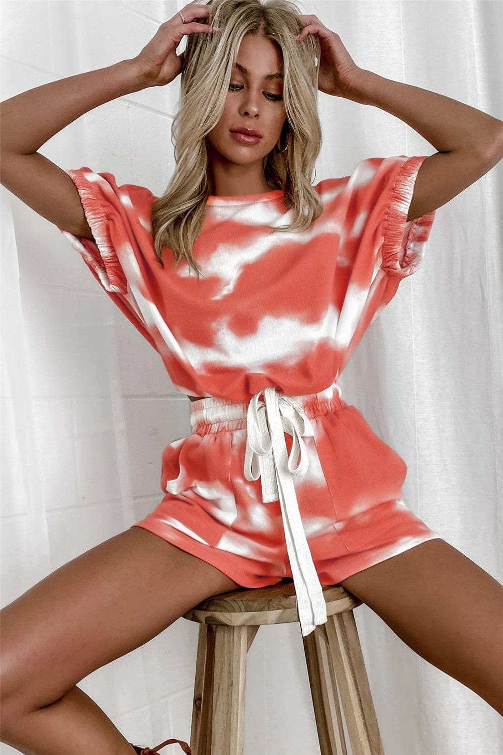 Tie-Dye Round Neck Top and Shorts Set - Trendsi - Flyclothing LLC