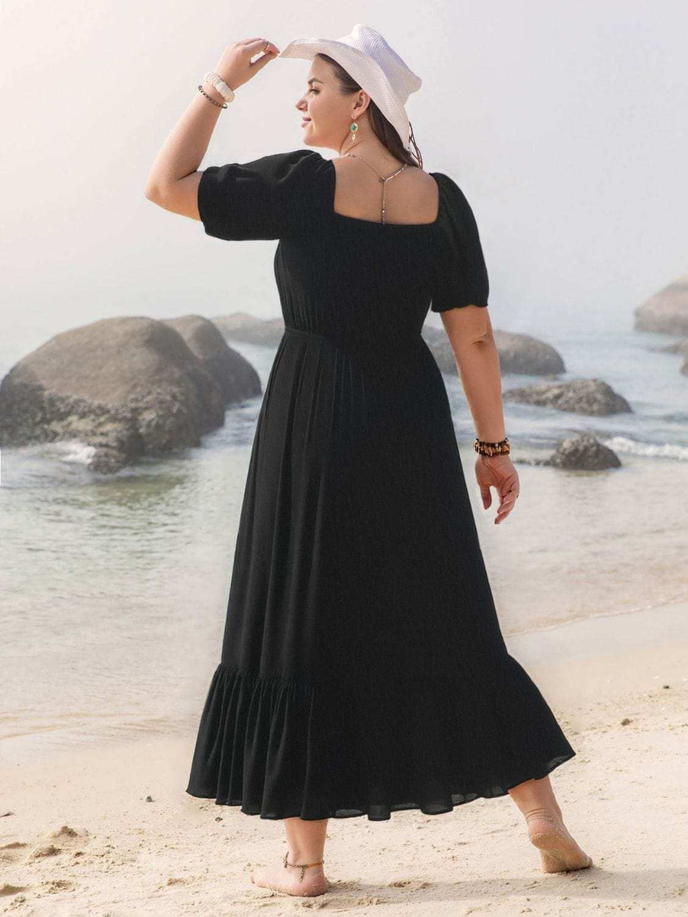 Plus Size Ruffled Hem Square Neck Short Sleeve Dress - Trendsi - Flyclothing LLC