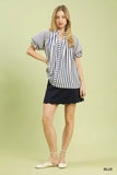 Umgee Striped Notched Top with Short Flutter Sleeves - Trendsi - Flyclothing LLC