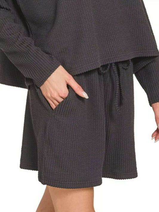 Zenana Corded Rib Long Sleeve Tee and Shorts Set - Trendsi - Flyclothing LLC