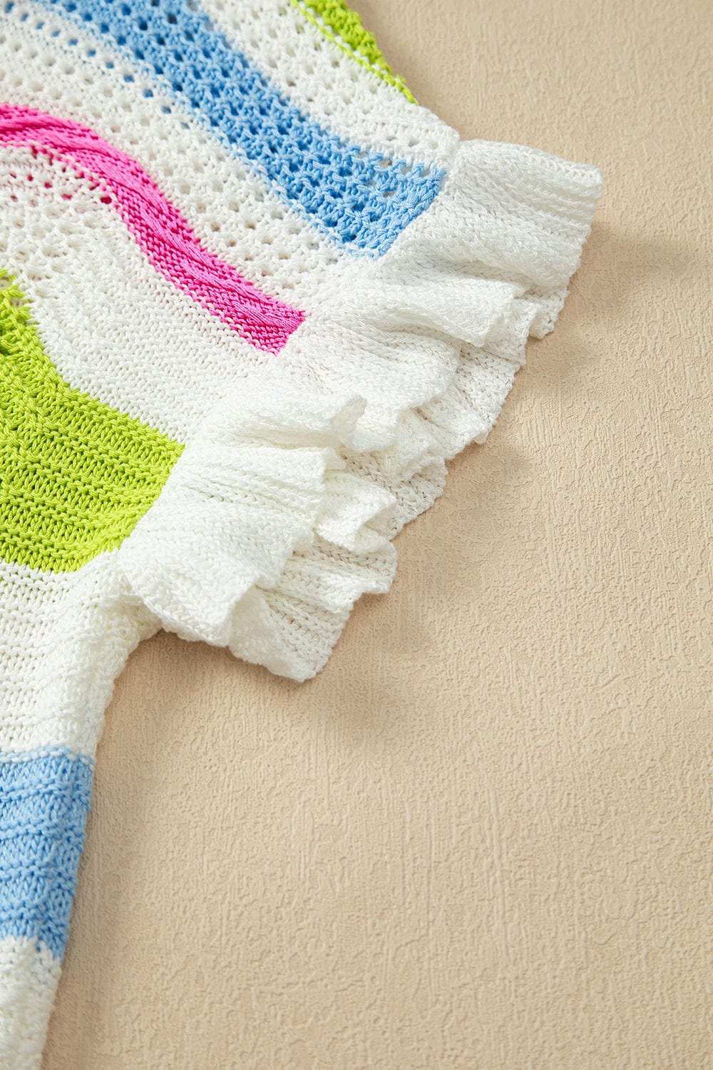 Color Block Crochet Ruffled Short Sleeve Knit Top - Trendsi - Flyclothing LLC