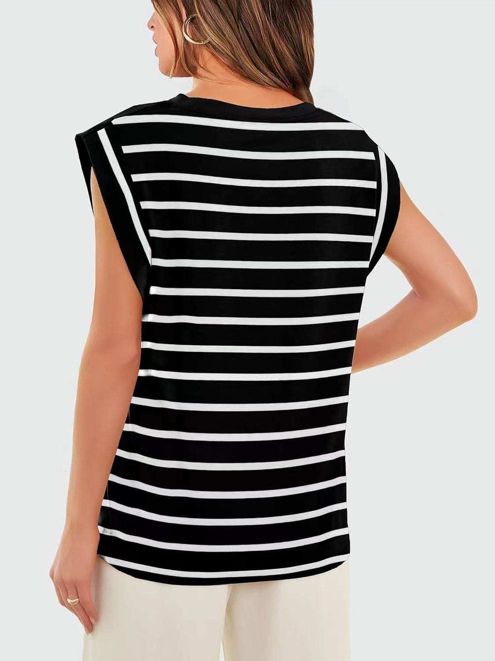 Striped Round Neck Cap Sleeve T-Shirt - Trendsi - Flyclothing LLC