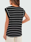Striped Round Neck Cap Sleeve T-Shirt - Trendsi - Flyclothing LLC