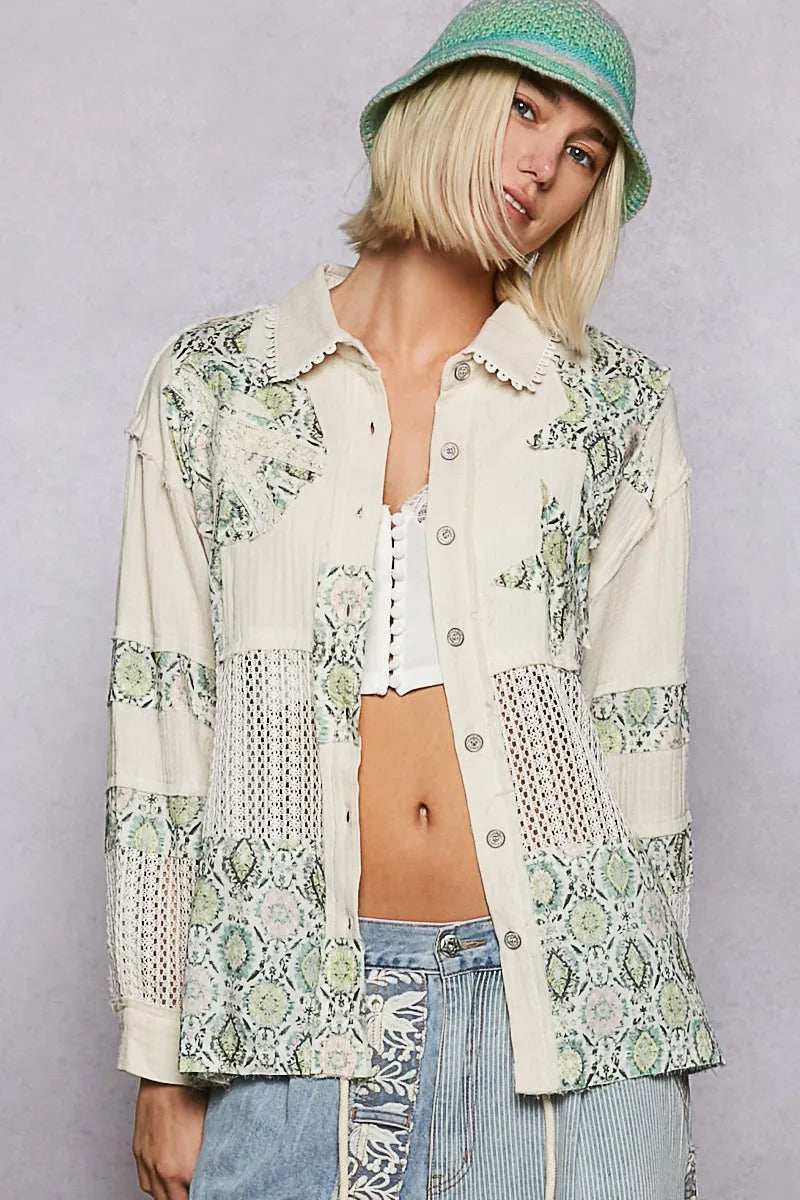 POL Printed Crochet Patchwork Button-Up Shirt - Trendsi - Flyclothing LLC