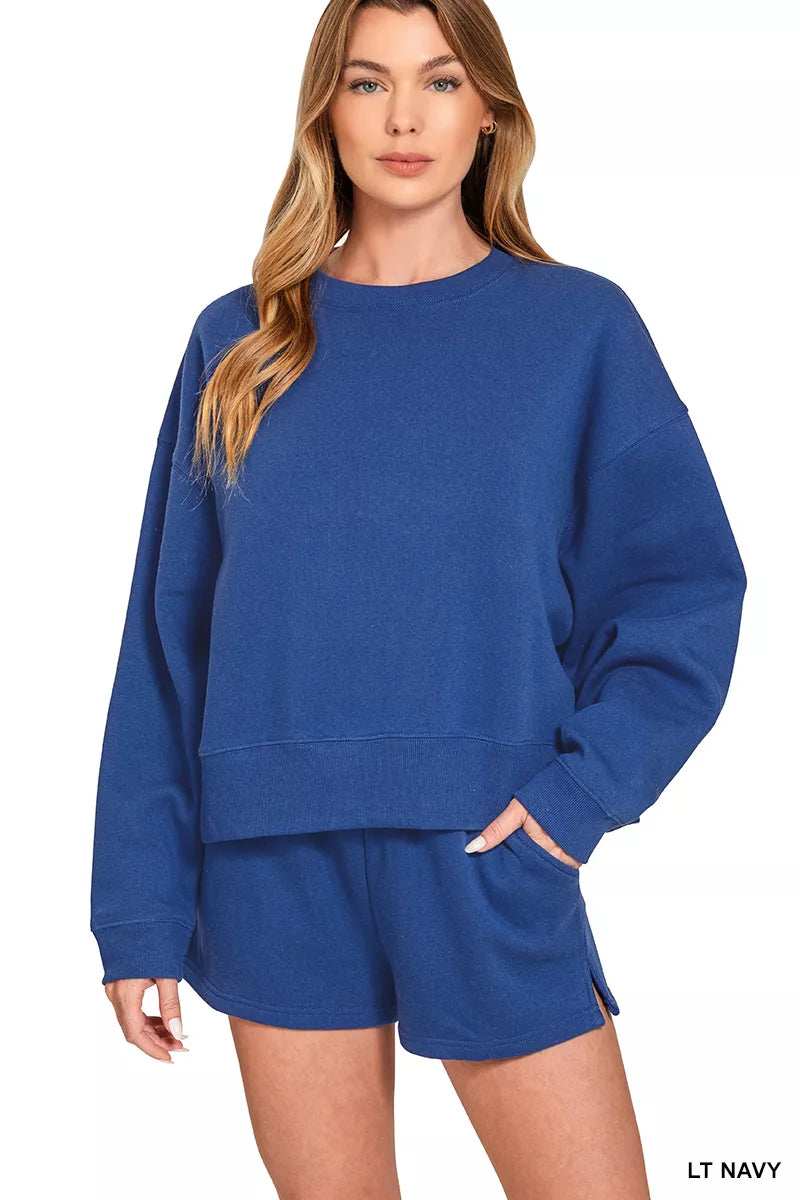 Zenana Fleece Round Neck Sweatshirt and Shorts Set - Trendsi - Flyclothing LLC
