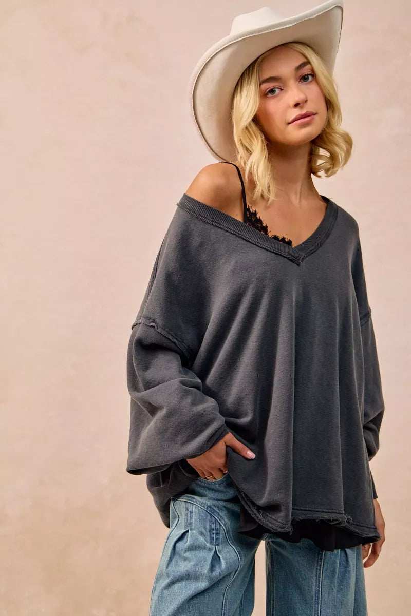 BiBi Mineral Washed French Terry Oversized Sweatshirt - Trendsi - Flyclothing LLC