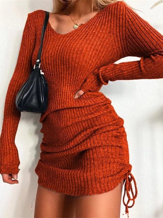 Full Size Ribbed Knit Drawstring Bodycon Sweater Dress Plus Size - Trendsi - Flyclothing LLC